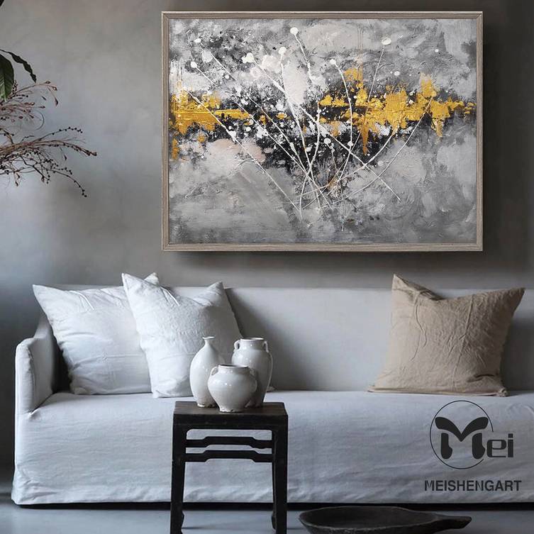 Black Original Gold Room Grey Abstract Canvas Wall Art 5XY05